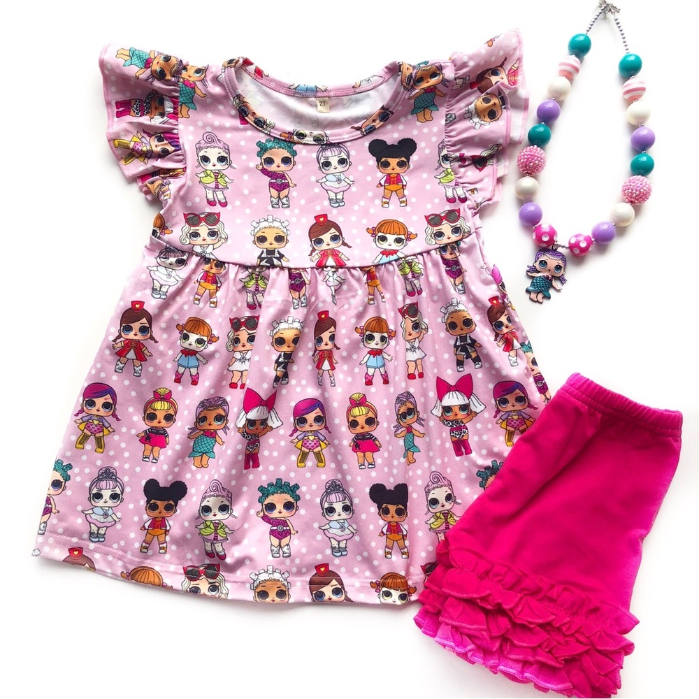 L.O.L. Surprise! Pink Doll top Dress Shorts Set Necklace bundle Sz 2
